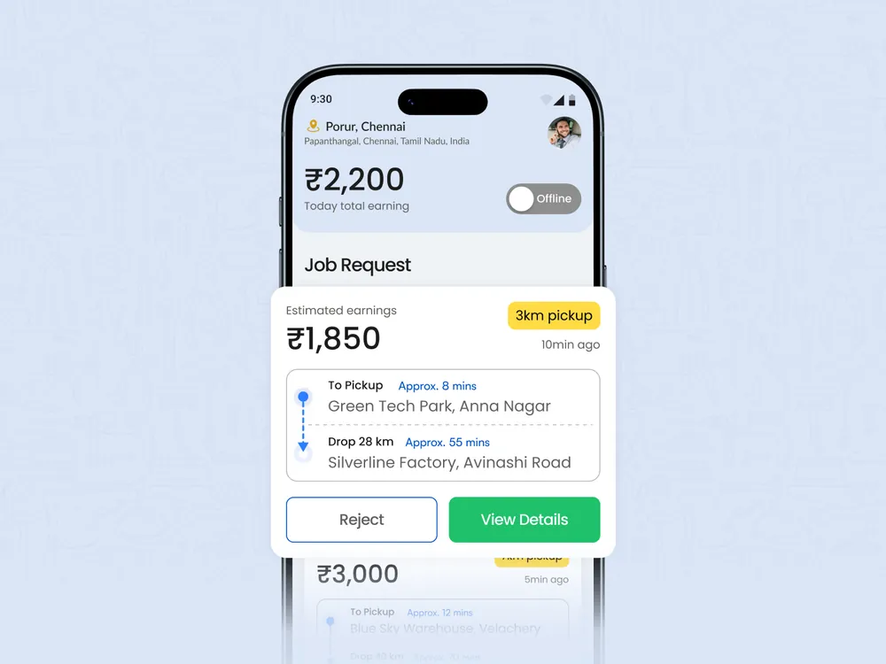 The delivery partner's job-request screen, with pickup, drop, and estimated earnings