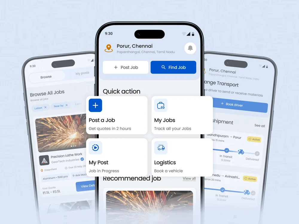The job-posting, job-browsing and delivery-booking screens from the manufacturing marketplace