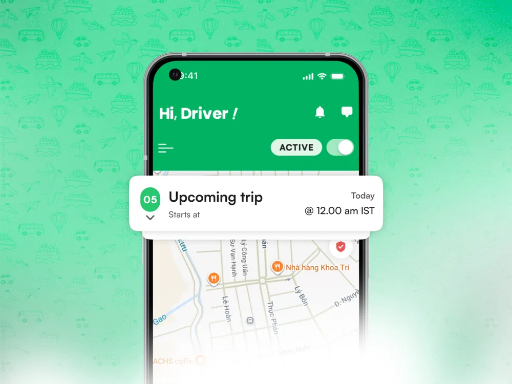 The driver's upcoming-trip screen from the carpool app