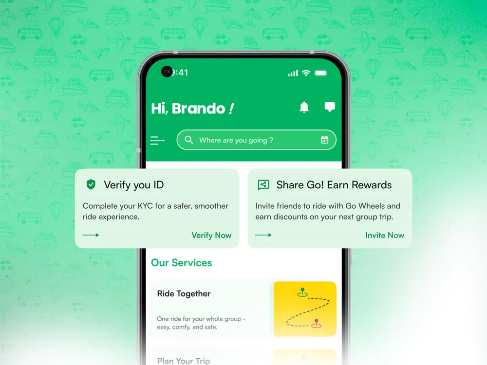 The rider's trip-planning and ID-verification screens from the carpool app