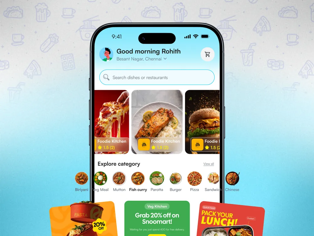 The customer browse-and-order screens from the street food app